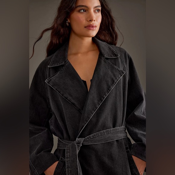 Good American Uniform Tie-Up Pockets Black‎ Wash Denim Trench Coat 2XL/3XL - Picture 2 of 15